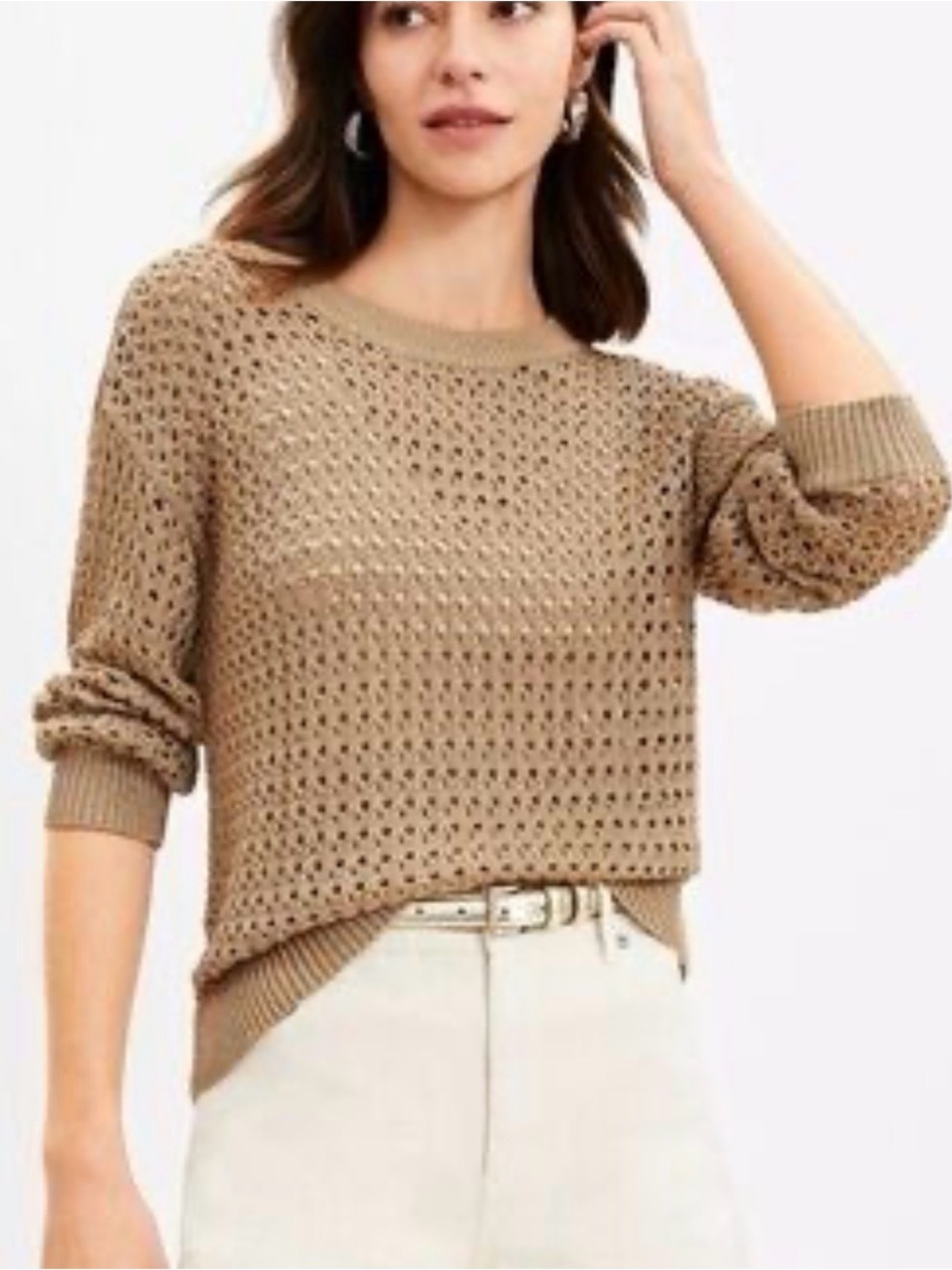 NWT The Loft Open-Knit Lightweight Crewneck Sweater in Tan